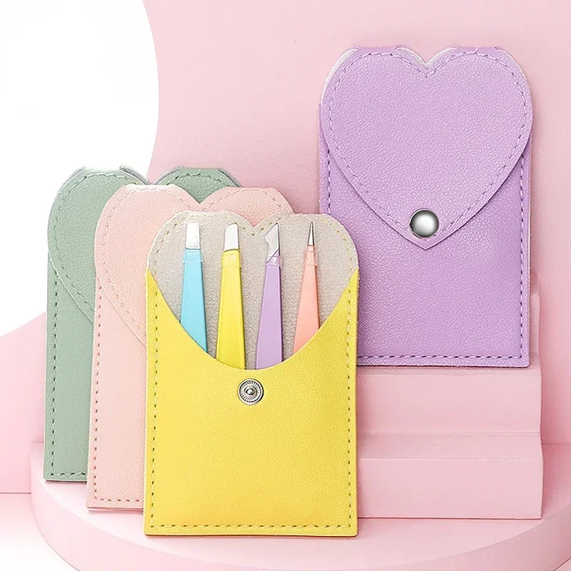 眉毛ピンセットセット: 4個の眉毛クリップクランプ、毛ひげの除去用、レザーケース付きメイクアップツール(スラント)