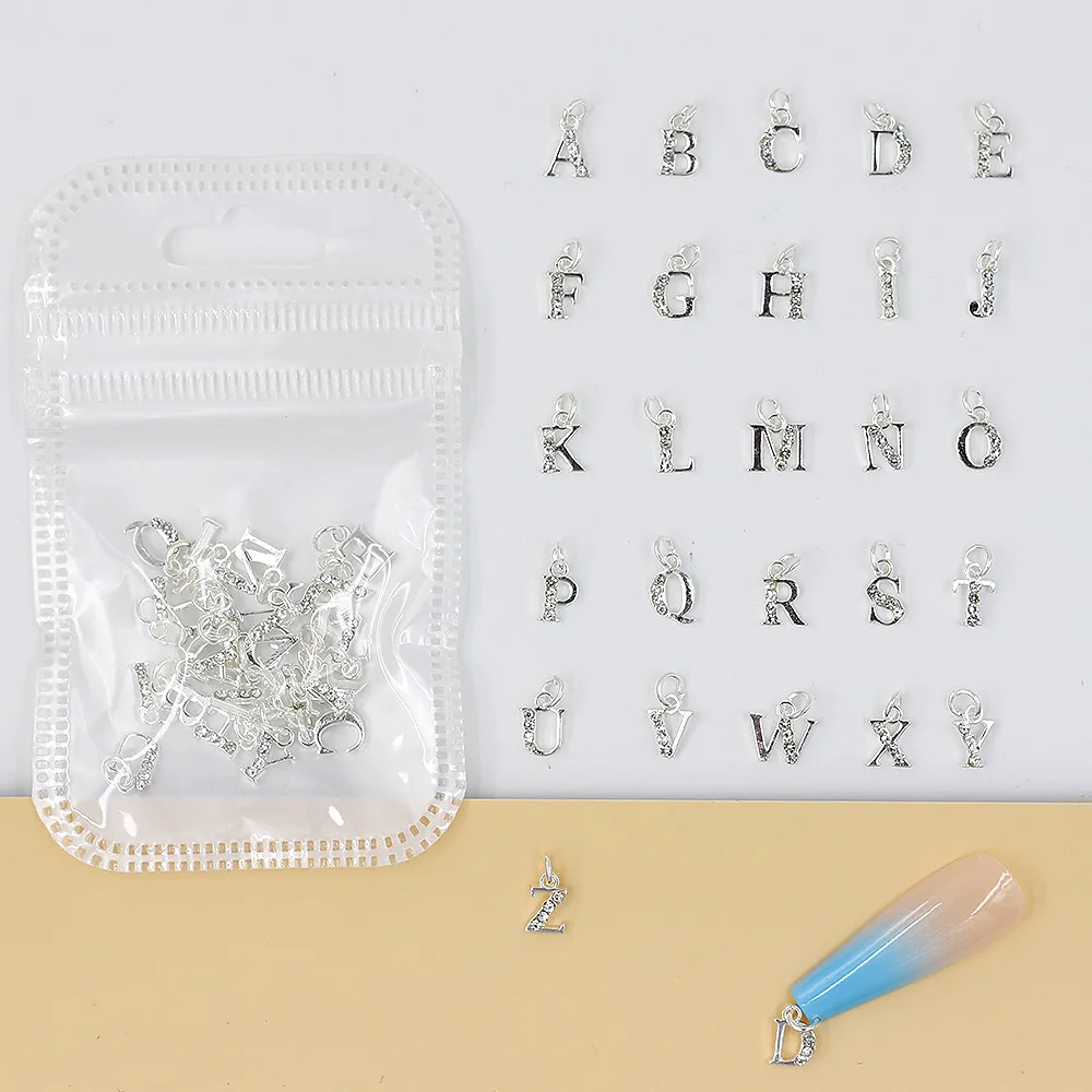 10/26PCS Diamonds Beaded Alloy Pendant 26 English Alphabet Letter Piecing Rings Metal Nail Art Rhinestones Charms Decorations