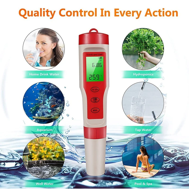 PH Meter, 4-In-1 Digital PH Meter With PH/TDS/EC/Temp Function With ATC For Drinking Water, Hydroponics, Aquarium, Pool image 3