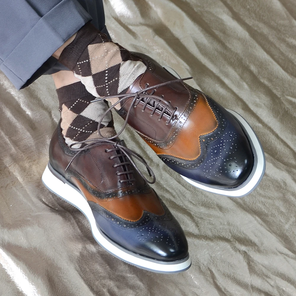 

Fashion Color Block Men's Casual Oxford Shoes Genuine Leather Wingtip Toe Brogue Lace-up Business Office Company Dress Shoes Man