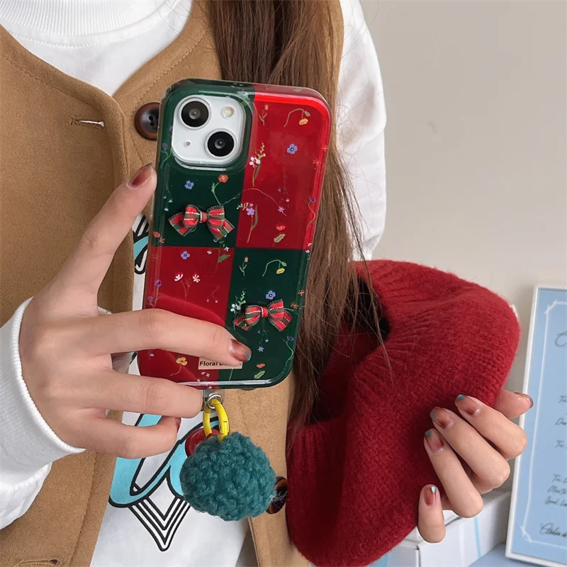 Korean Cute Bow Flower Phone Case For iPhone 16 Pro 12 14 13 15 Pro Max Cover with Plush Ball Christmas Silicone Cases For 15Pro