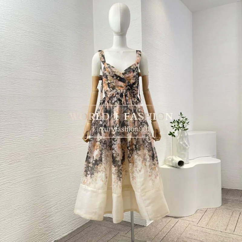 Beige Rococo Flowers Print Sleeveless Backless Midi Dresses Linen Silk 2025