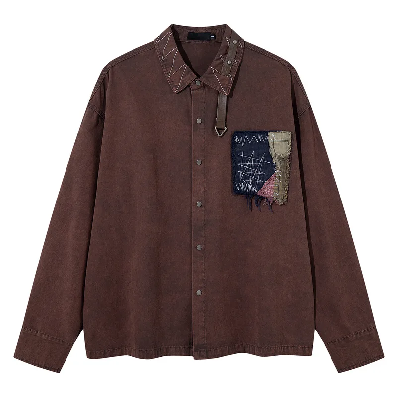 Men's Fashion Vintage Jeans Shirts With Patchwork High Street Washed Retro Denim Shirt Personality Oversized Hip Hop Tops