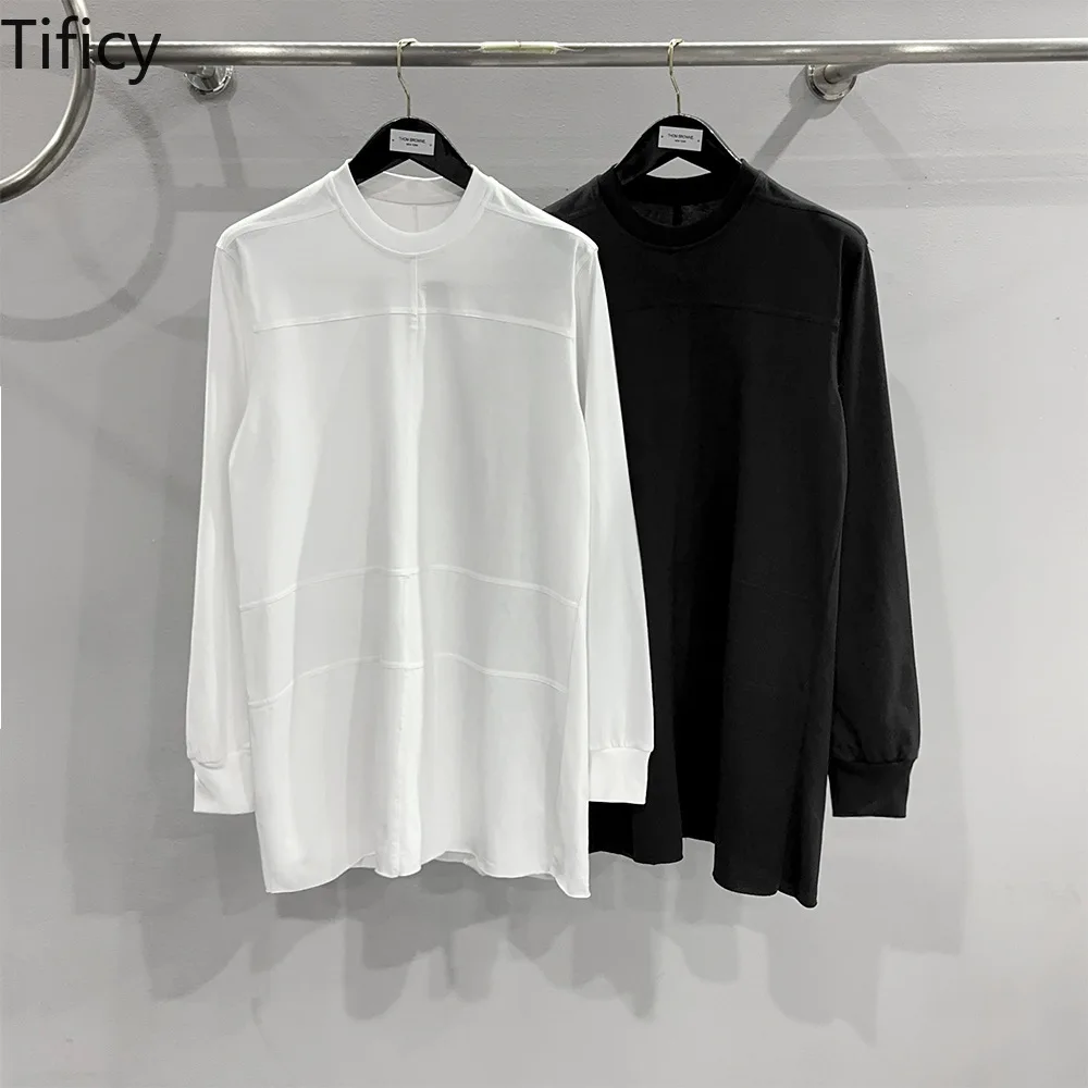 

TIFICY Men Cotton Tees Early Autumn Light Mature Casual Patchwork Design Loose Solid Color Neutral Base Long Sleeve T-shirt Tops