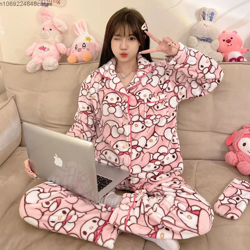 Sanrio Melody New Kawaii Plush Pajamas Suit Aesthetic Pink Cardigan Trousers 2 Piece Set Women Soft Tops Pants Sleepwear Y2k