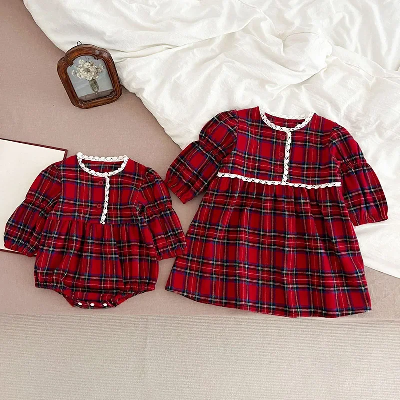 2024 New Autumn 2-6Yrs Girl Party Dress Long Sleeved Cotton Grid Baby Girl Romper Kids Princess Dresses Christmas Sister Dress