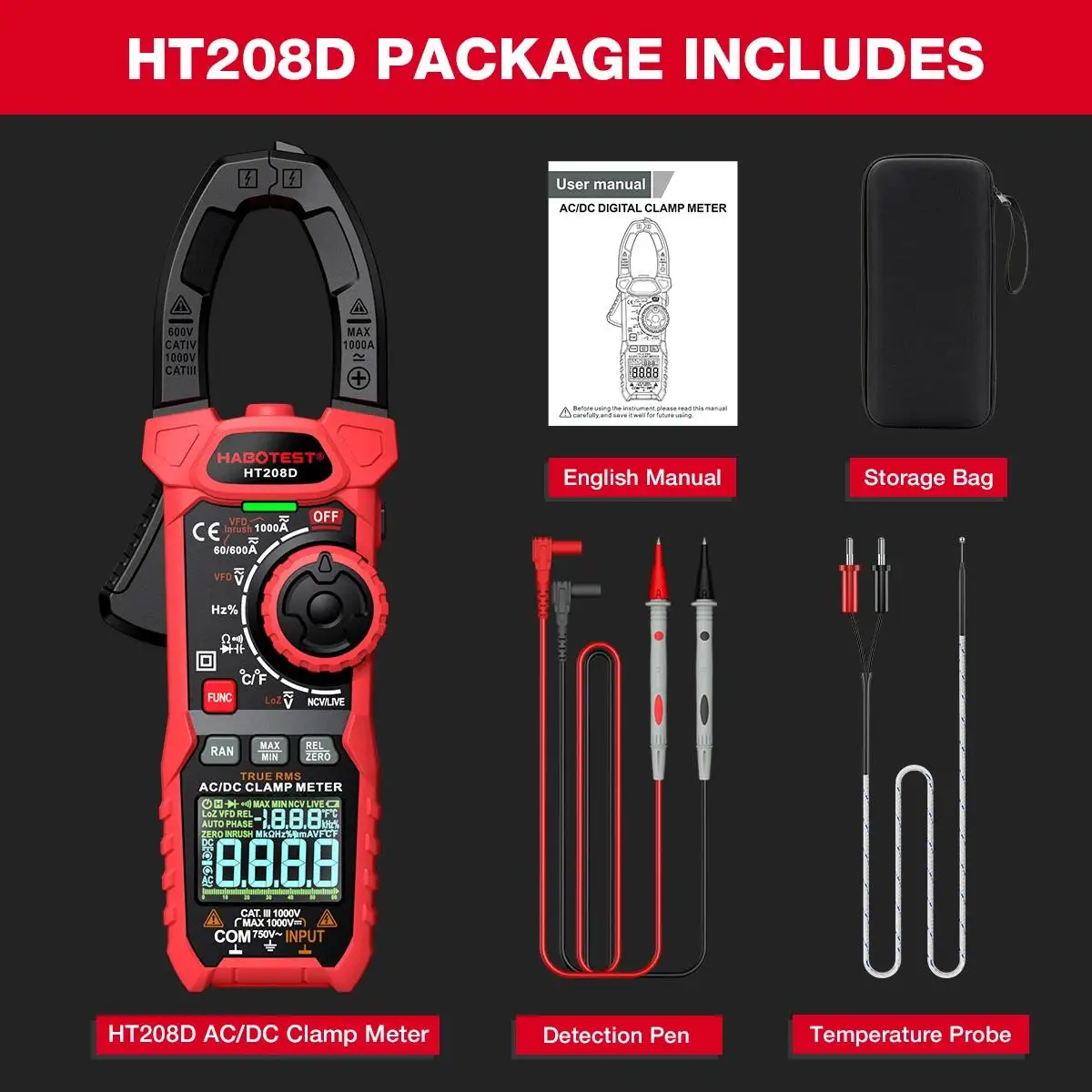 HABOTEST HT208A/D Zangenmessgerät 1000 A 1000 V AC DC True RMS Digitales Zangenmessgerät Amperimetrica Kapazität Temperatur Ohm Hz Tester – Detail 15