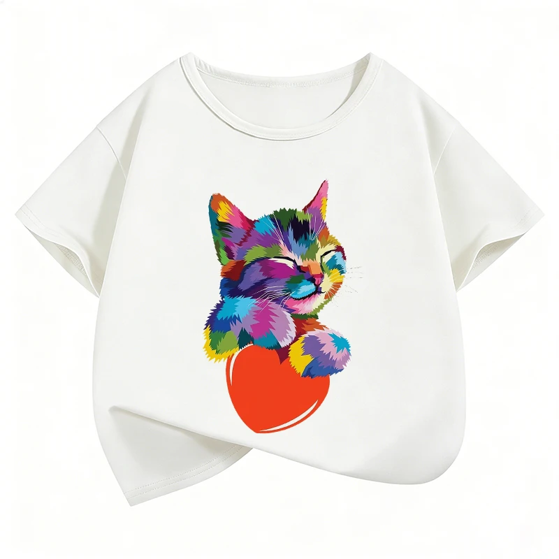 Bunte T-Shirts mit Katzen- und Liebesmotiv, Manga-T-Shirt für Kinder, Jungen und Mädchen, Sommer, Frühling, lässiges Top-T-Shirt