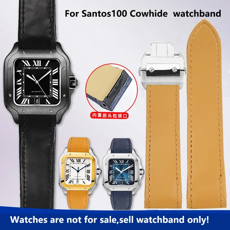 

20/23mm Black blue soft cowhide men bracelet For Cartier santos 100 strap W20073X8 W2020005 folding buckle lea-ther watchband