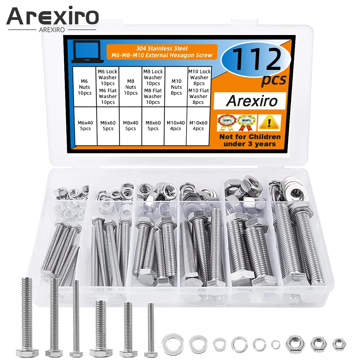 

112Pcs Hexagon Screws M6 M8 M10 Stainless Steel Hexagonal Screw with Nuts Machine Screws Thread Screws and Washers