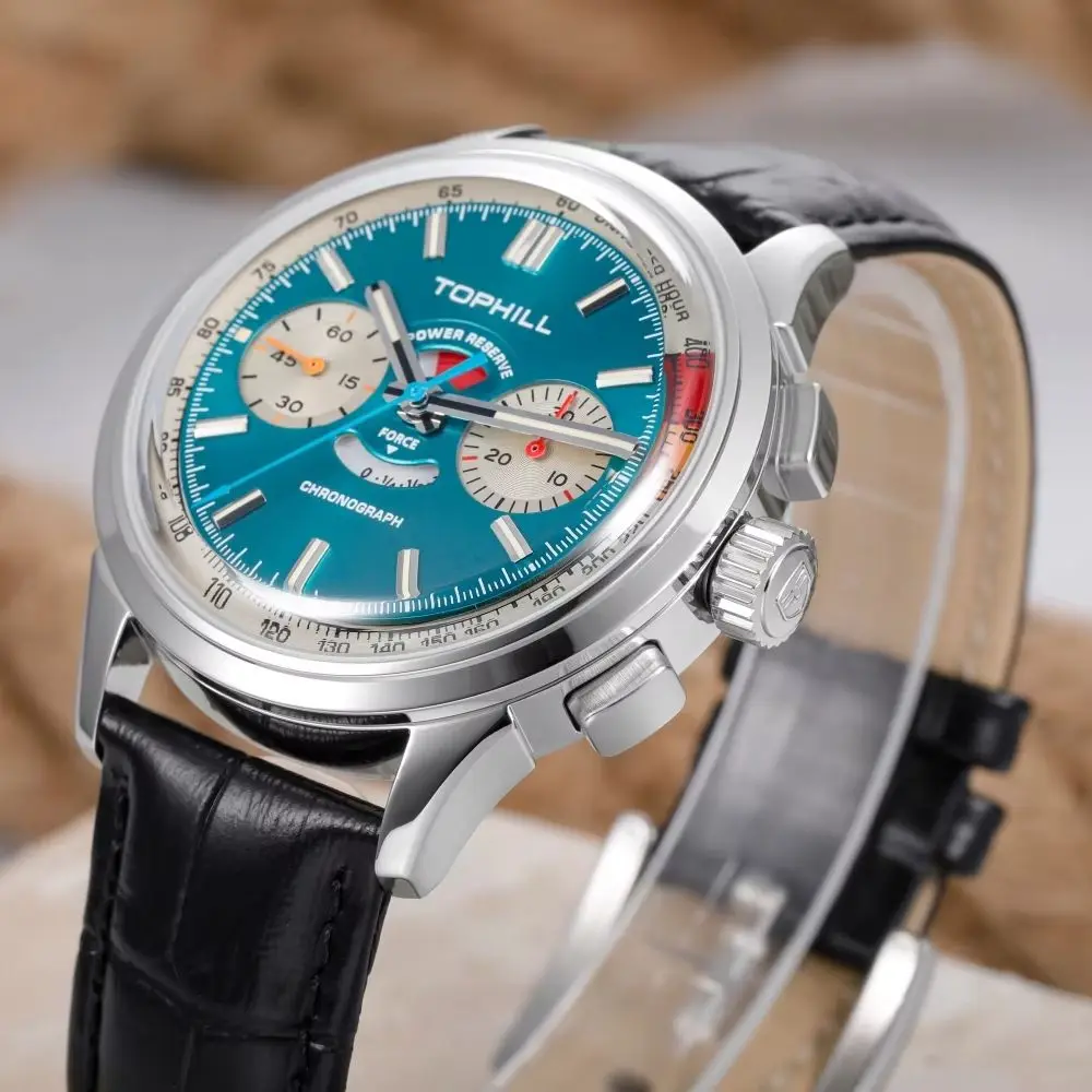 TOPHILL+ 40mm Seagull ST1905 Manual-Winding Chronograph Watch Power Reserve Domed Pot Cover Sapphire Glass 5ATM Luminous KIM003G