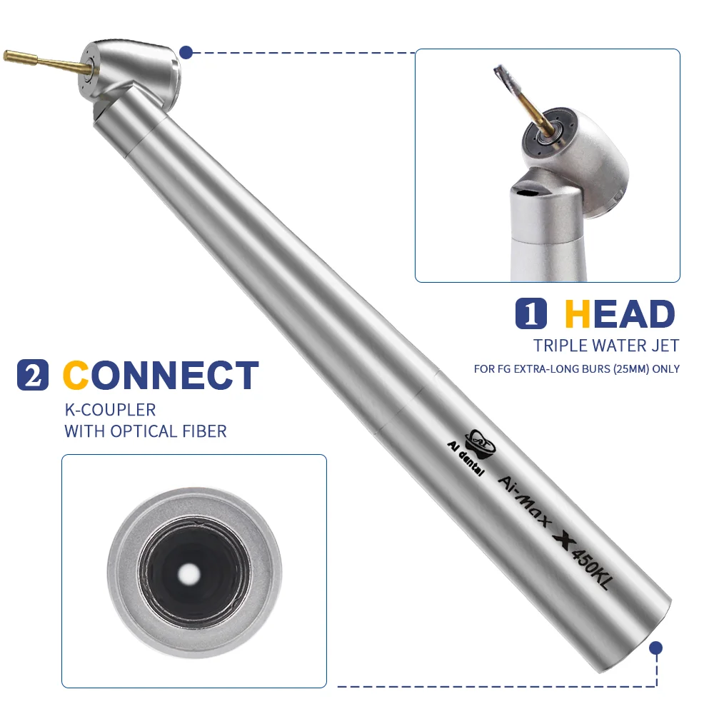 Dental 45 ° High Speed Handpiece Led Acoplador Single Water Spray Fibra Óptica Rolamento Cerâmico AI-X450KL