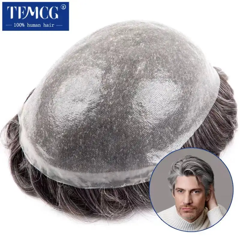 Double knotted Toupee Men 0.06-0.08mm PU Natural Hairline Men Wig 100% Human Hair Hair System Unit 6