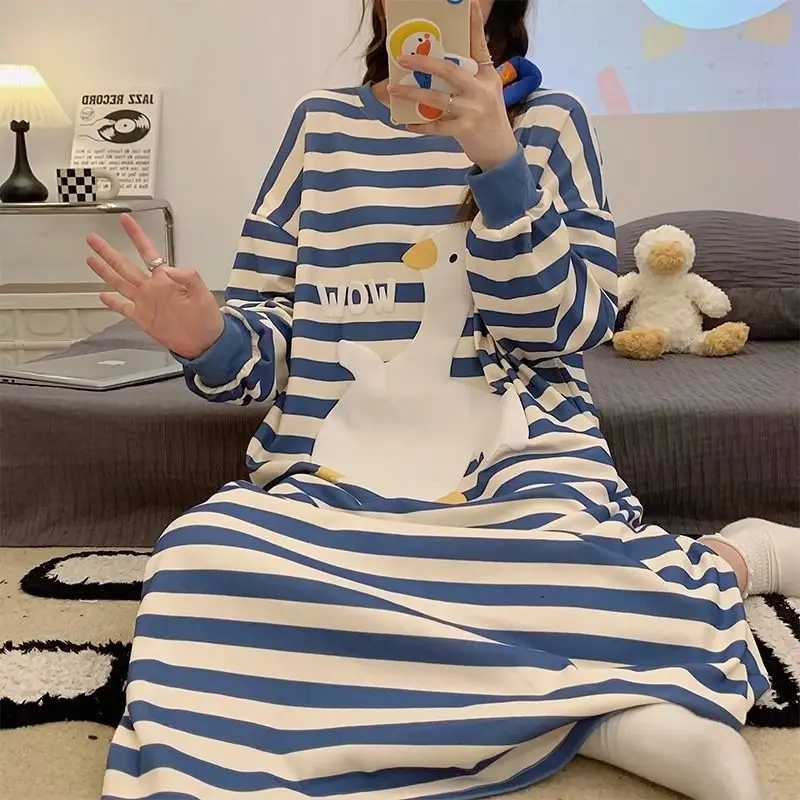 Plus Size 5XL 150KG Autumn Sleepwear Dress Striped Women\'s Night Shirts Oversize Women Nightgowns Sleepwear women Pajama