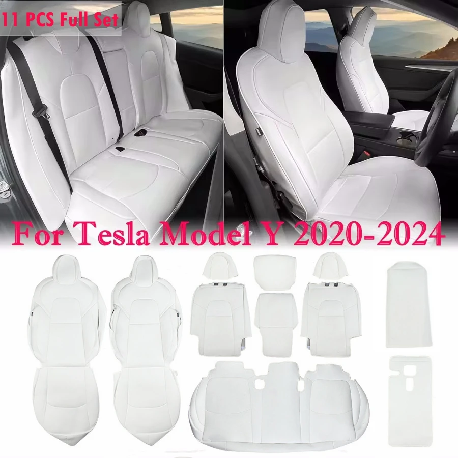 11PCS 풀 세트 카시트 커버 2020-2024 Tesla Model Y 5 시트 Nappa PU 가죽 전면 및 후면 쿠션 프로텍터