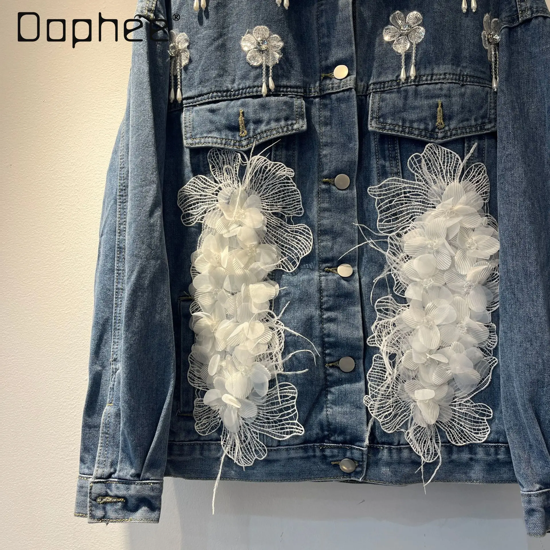 النمط الأوروبي العصرية الدانتيل المرقعة 3D الدينيم الستر للنساء المألوف عارضة التخسيس حجم كبير أعلى سترة عارضة فريدة من نوعها