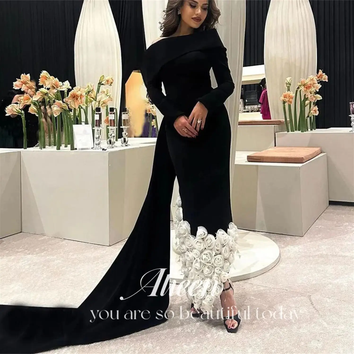 Black 3D Flowers Saudi Long Sleeve Elegant Luxury Evening Dresses Ladies Gown Party Women customized Dress Reception Weddings