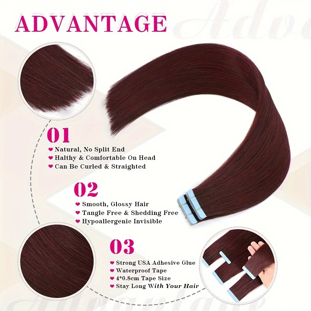 99J# Burgundy Invisible Tape Hair Extensions Hand Tied Tape In Hair Extensions Human Hair Adhesive Tape Extension 14-24inch