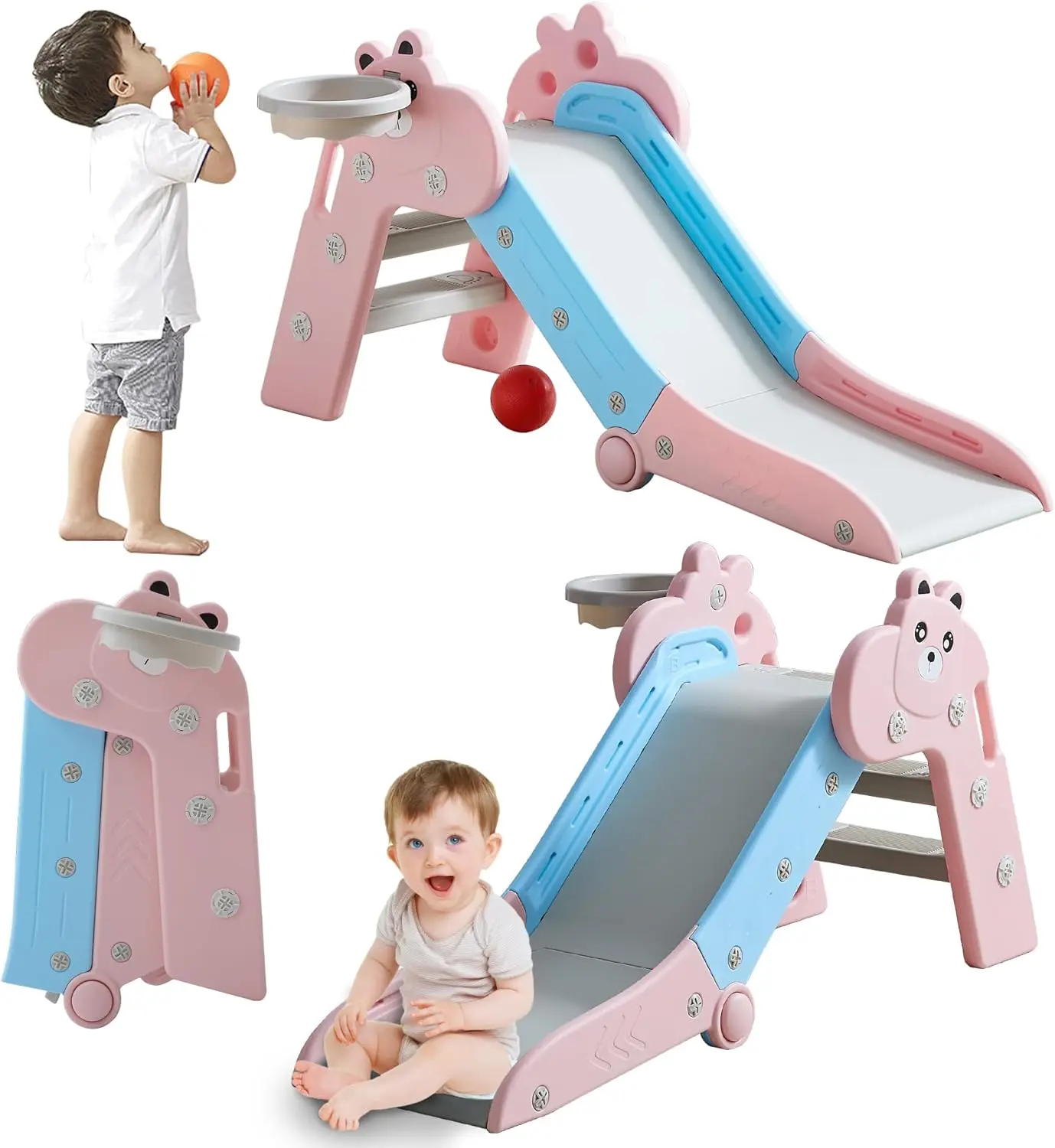 

Toddler Slide Foldable Slide for Kids Indoor Baby Plastic Slides Play Set with Basketball Hoop and Ball