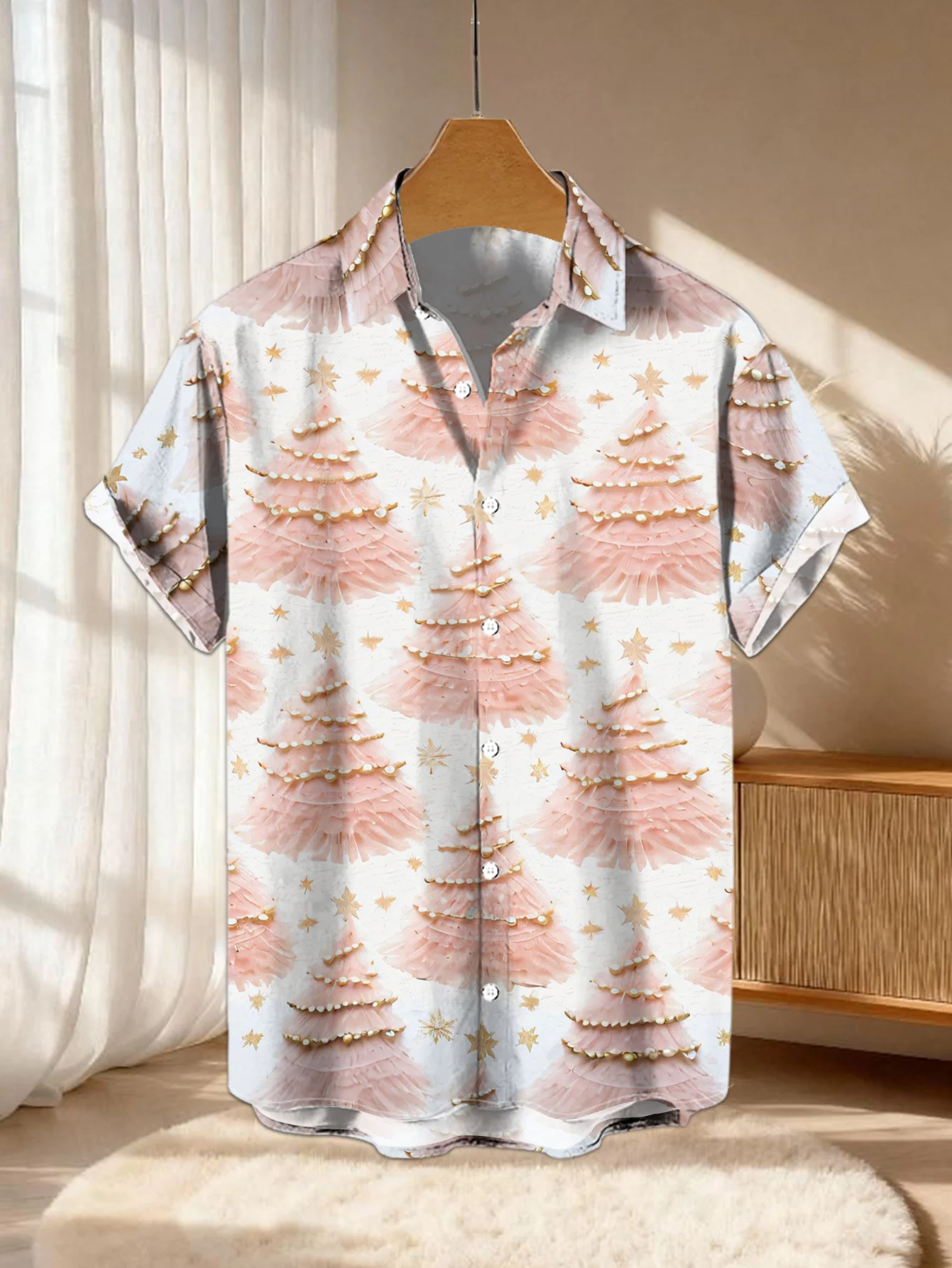 Men Short Sleeve Shirt Christmas Bauble Star Ornament Print Lapel Casual Holiday Party Button Down Tops Men's Clothing