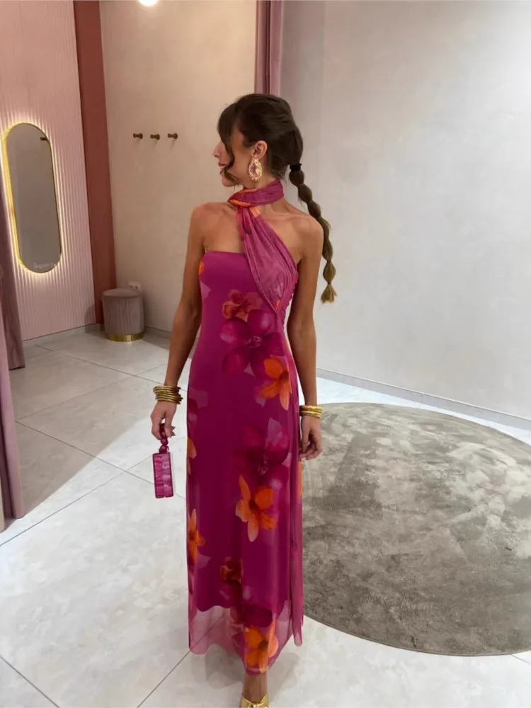 Women 2025 Elegant Dress Sleeveless Party Dress Casual High Waist Boho Long Dresses Sexy Mesh Print Dresses Vestidos Para Mujer