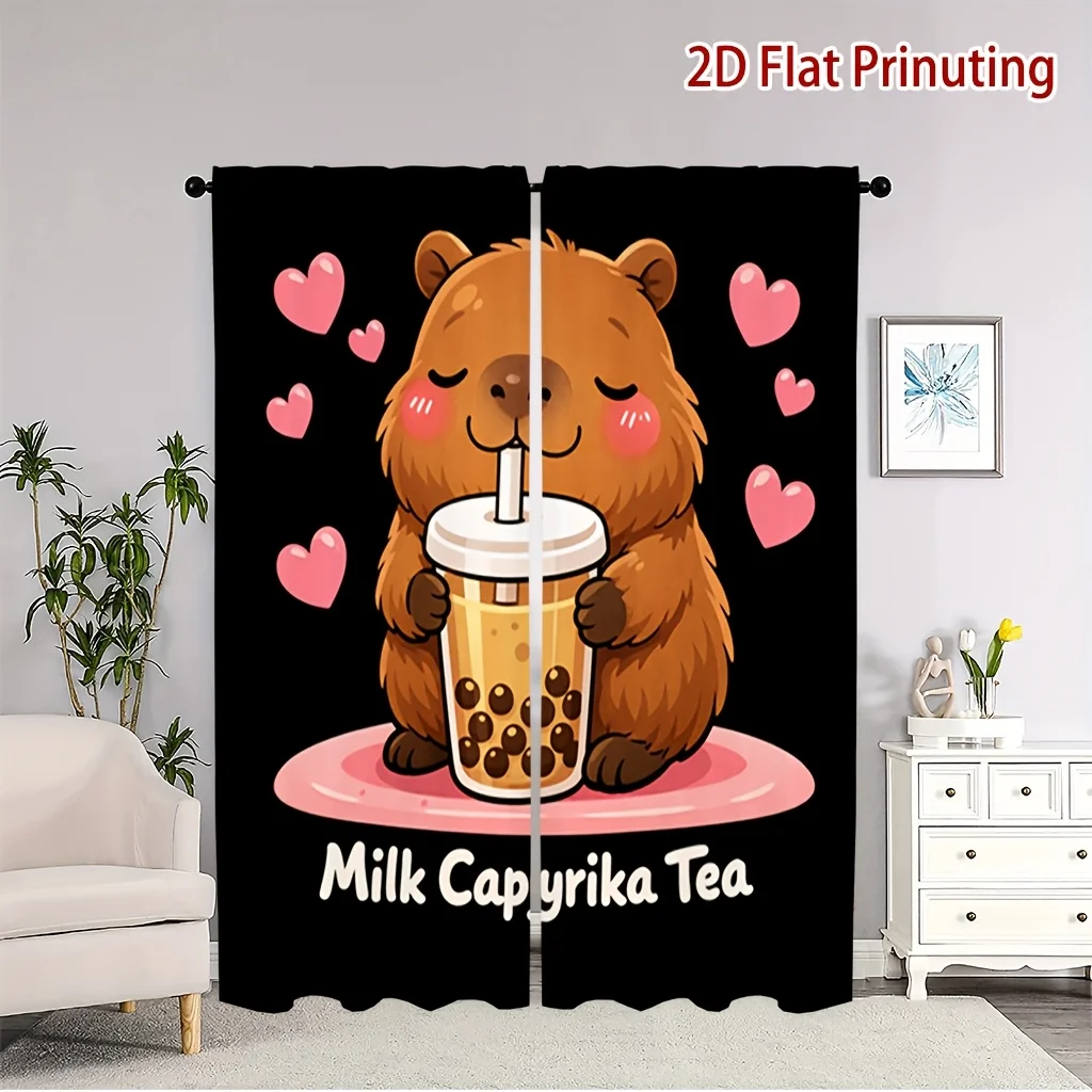 Cute Capybara Milk Tea Blackout Curtains - Cartoon Animal with Bubble Tea and Hearts Print Window Drapes for Kids Room Bedroom