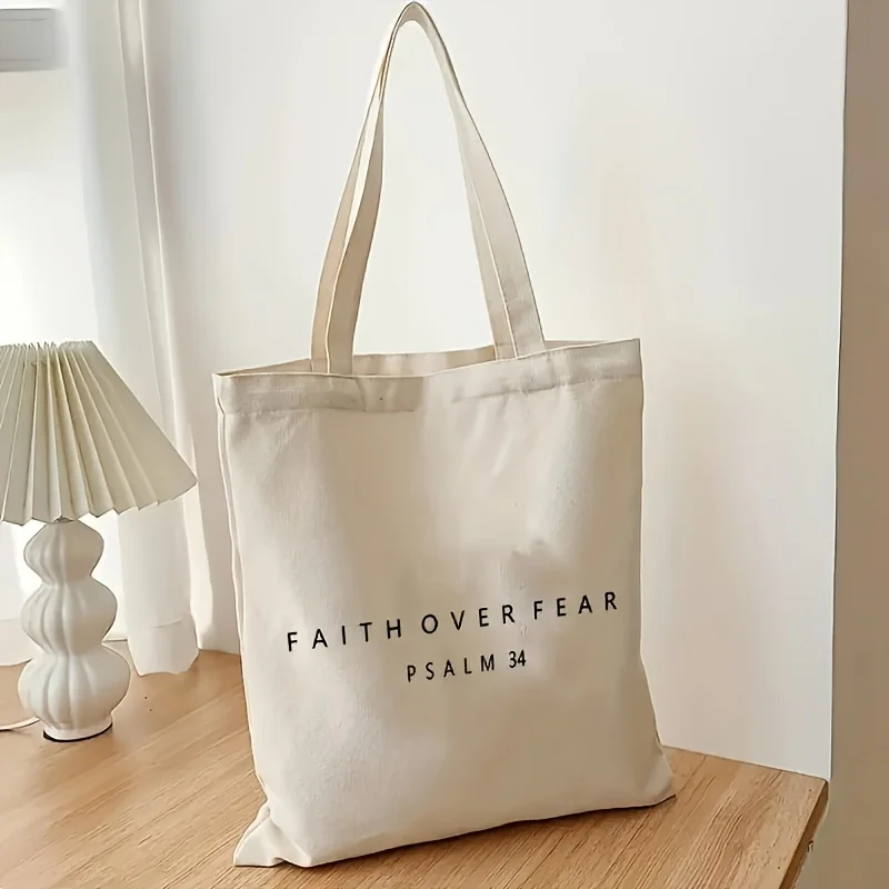 1pc Psalm 34 Faith Over Fear Christian Tote Bag Canvas Shoulder Bag Shopping Luggage Bag Foldable Handbag Shoulder Bag Women