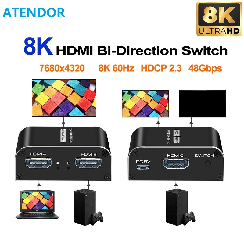 

48Gbps HDMI-compatible Bi-directional Switcher 2 to 1 selector 1x2 4K 120Hz 8K 60Hz 12bits HLG VRR ALLM Dolby Vision Power Free