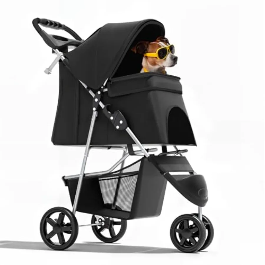 

3-Wheel Pet Stroller for Travel Jogging, Lightweight Foldable Carrier with Breathable Mesh Cover, Black, Cup Holder Storage Bas
