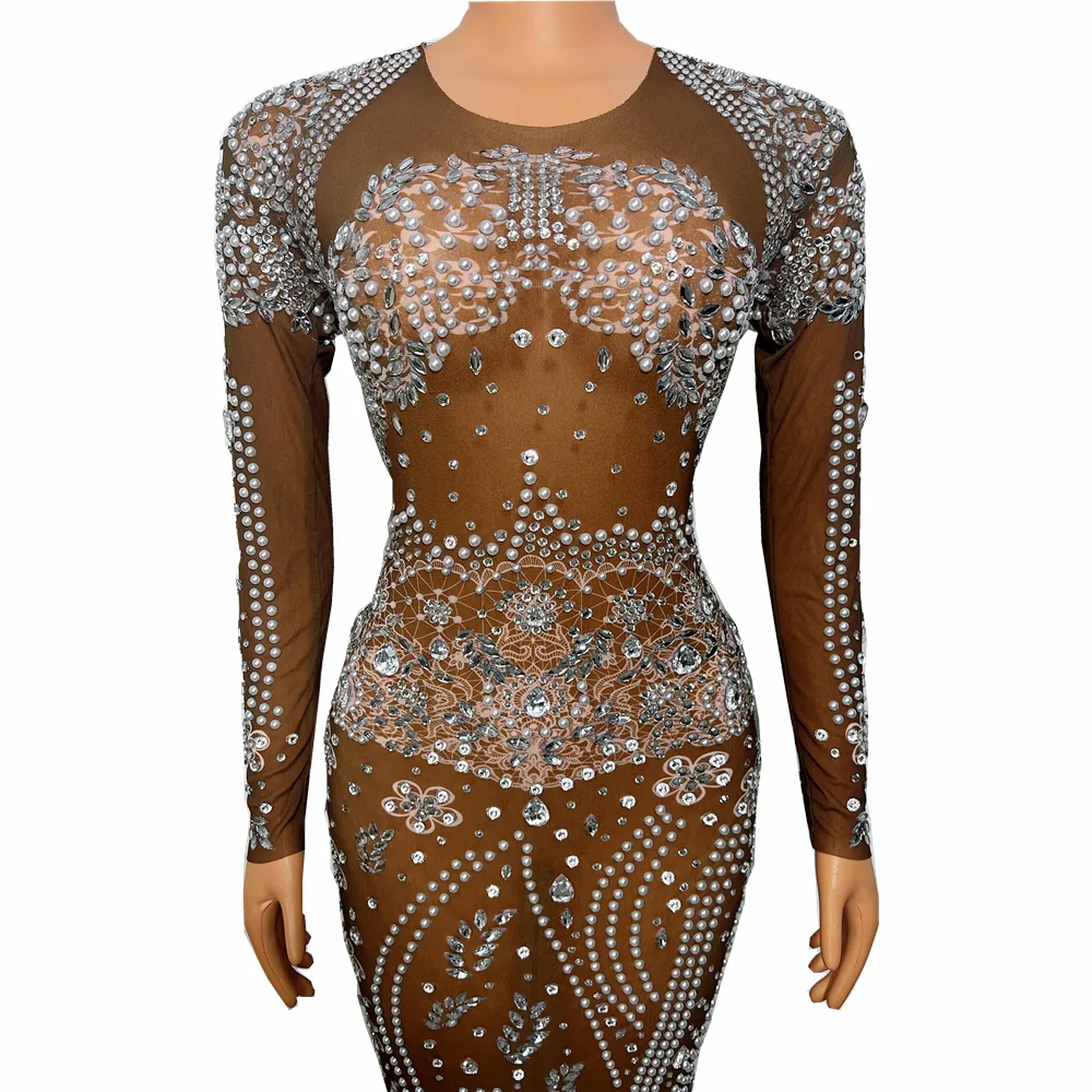 New Sparkly Silver Rhinestones Pearls Brown Dress Prom Evening Sexy Transparent Crystals Costume Birthday Outfit