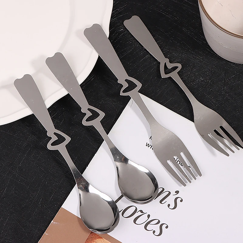 4Pcs Stainless Steel Coffee Stirring Spoon Fork Dessert Ice Cream Fork Scoop Heart-shaped Tableware Kitchen Accessories