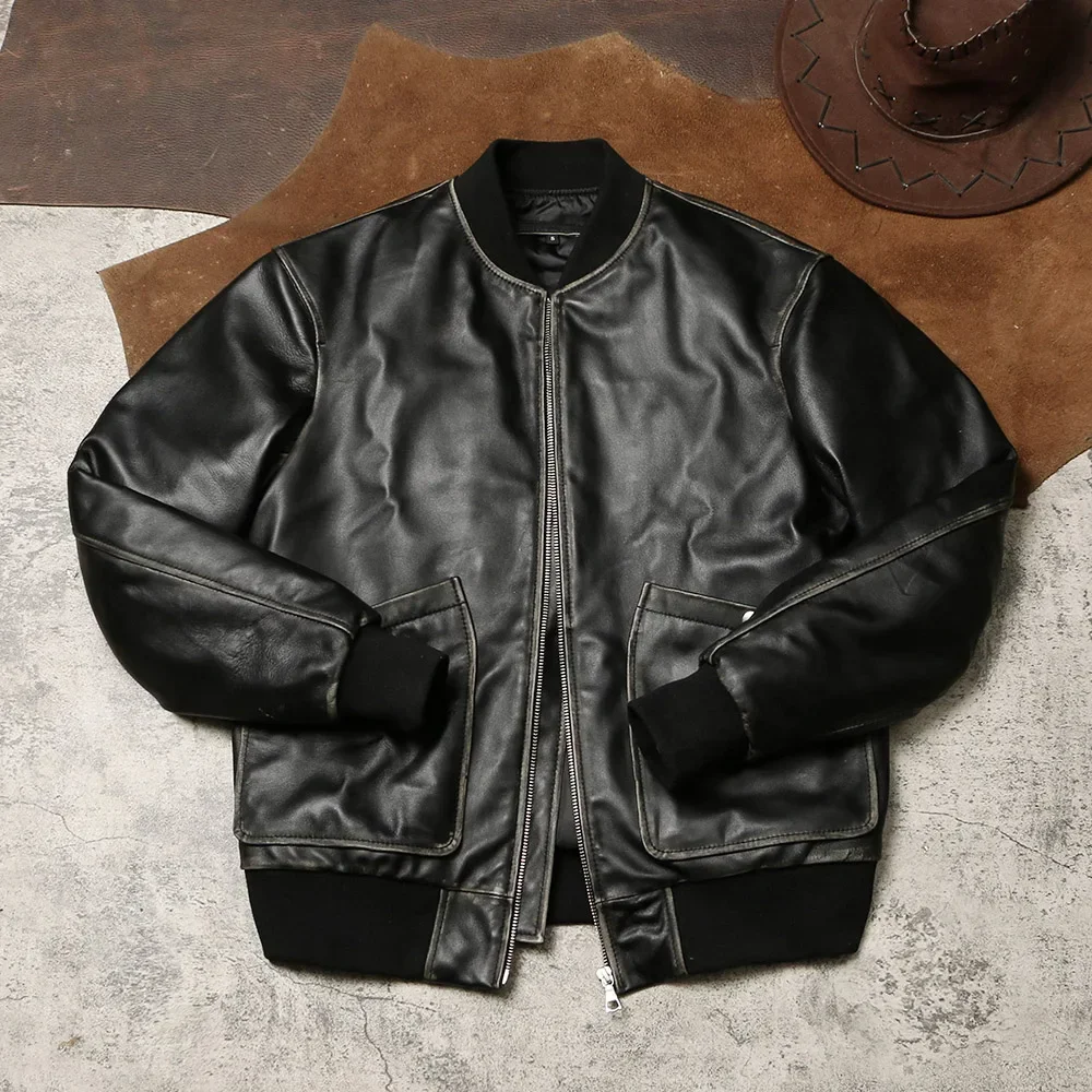 Tailor Brando Washed and Aged Sheepskin A1 Pilot Jacket Men's Short Duck Down Warm Genuine Leather Light Down Jacket