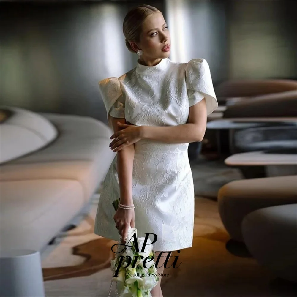 AP pretti Modern High Neck Satin Jacquard Wedding Dresses For Woman Short Sleeve A-Line Mini Bridal Gown Customized Lawn Wedding
