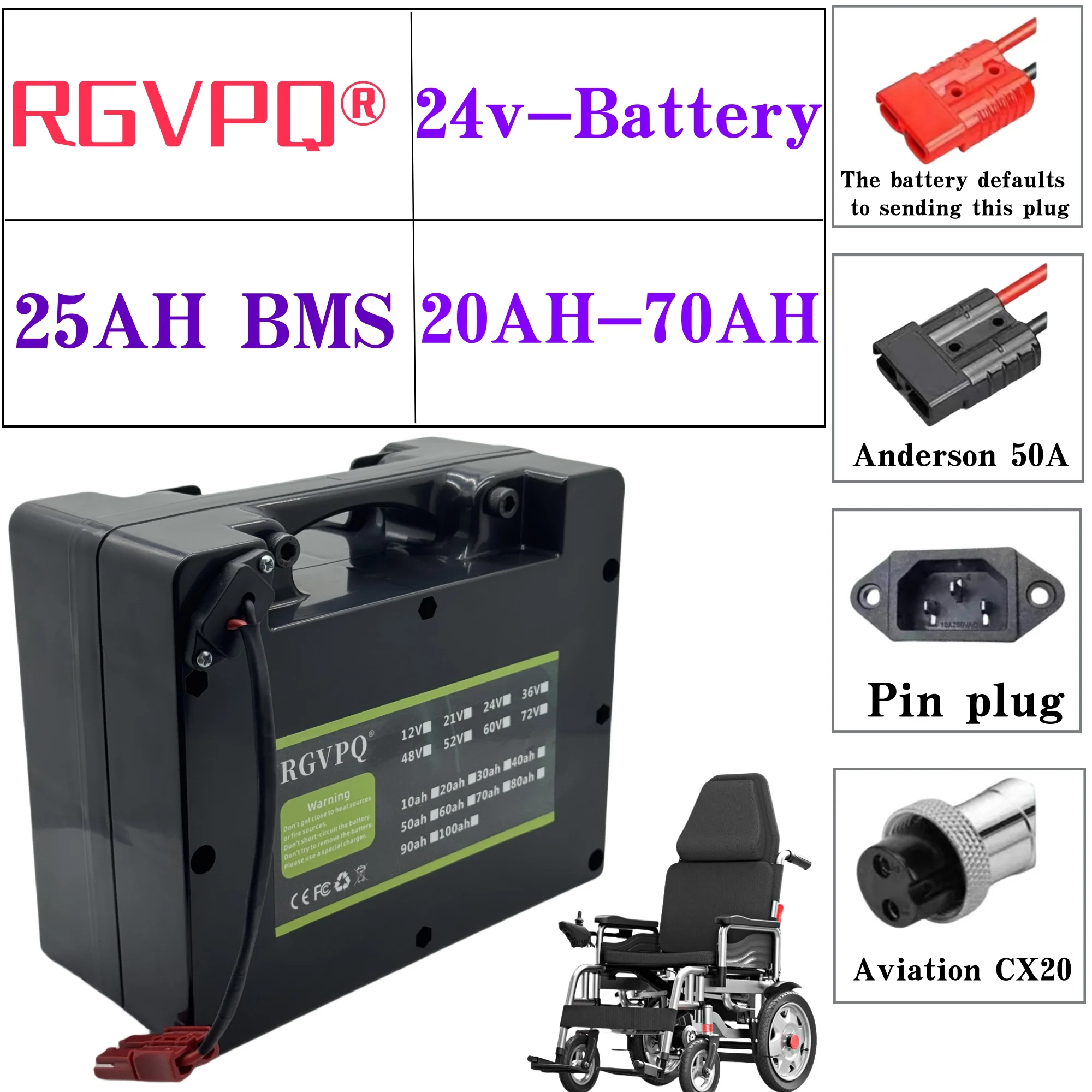 

Air freight delivery, electric wheelchair specific lithium battery, 24V70AH, 18650 lithium battery, suitable for motors below