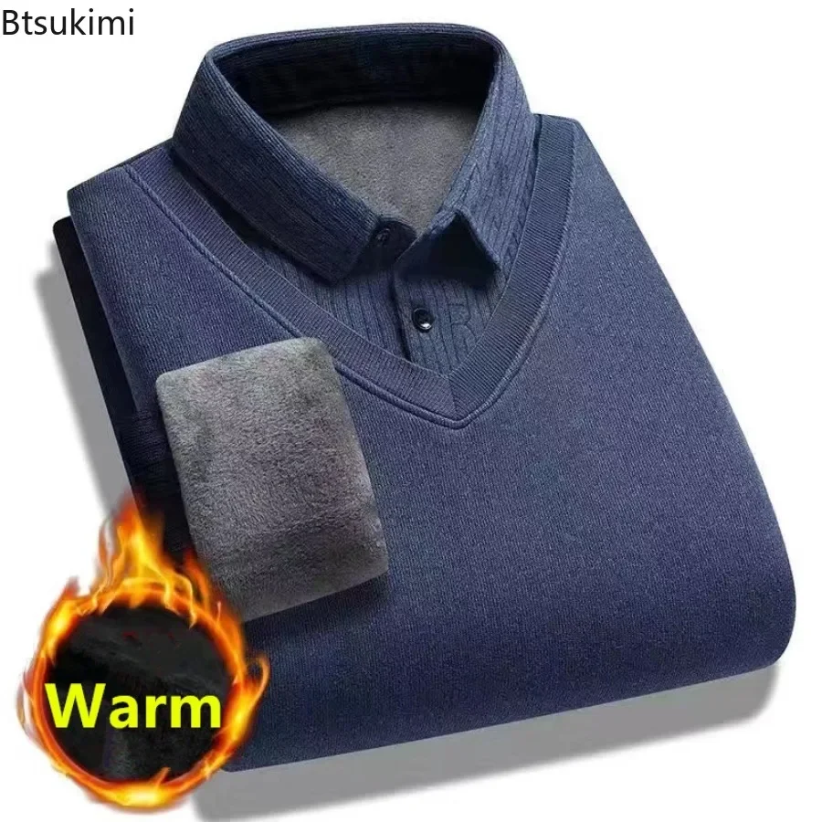 Autumn Winter Fake Two Piece Sweaters Men's Shirt Neck Fleece Thicken Knitted Pullover Business Casual Warm Sweater Tops for Men