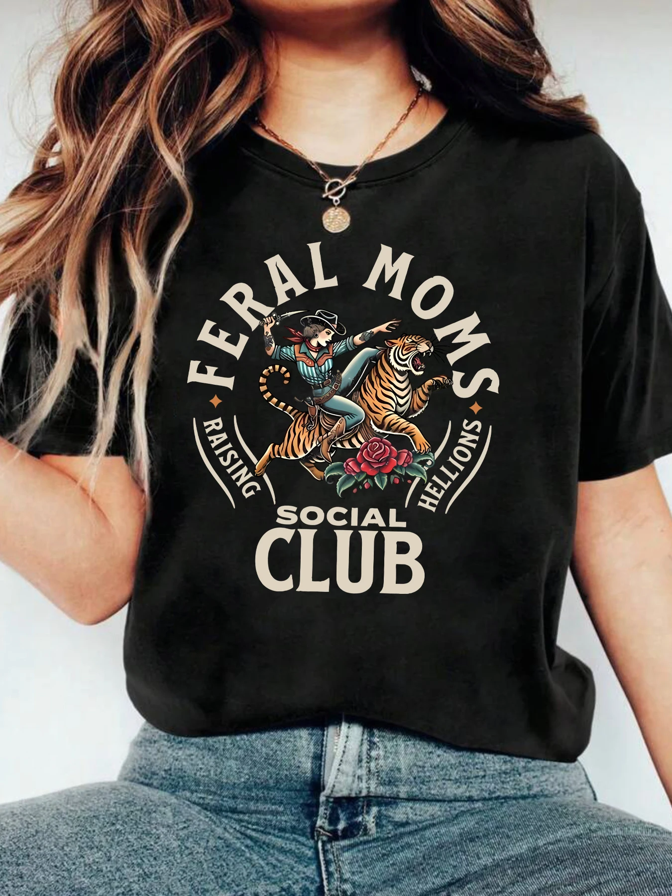 

FERAL MOMS Socio ALUB letters with tiger riding denim pattern women T-shirt top daily fashion casual women clothing
