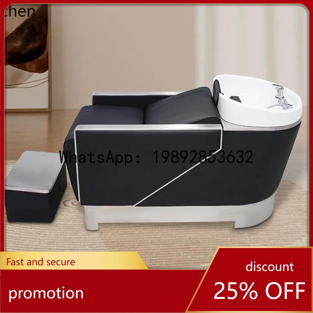

YFY Internet Celebrity Barber Shop Water Wash Bed Professional Salon Semi-Reclining Black Leather Wash Chair