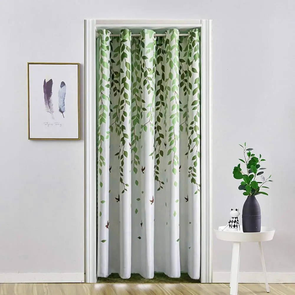 

Green Leaves Print Door Curtains Doorway Privacy Closet Curtain for Bedroom Home Blackout Window Noren Grommet Divider Curtain