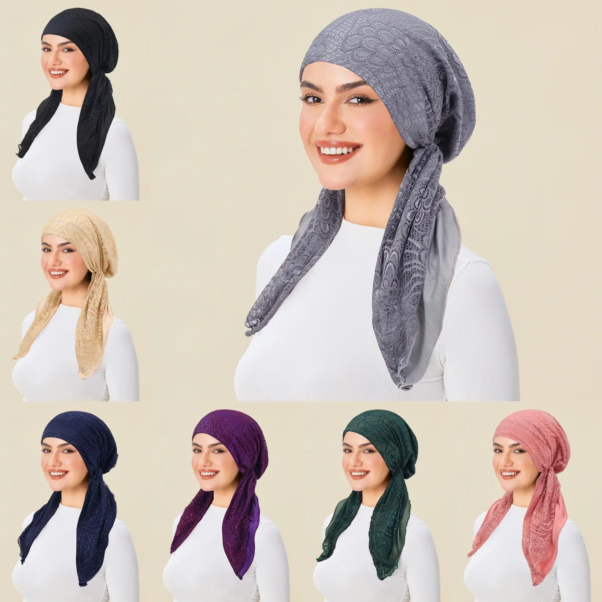 Moda Mujer Pre-atado turbante sombrero de encaje musulmán Hijab capó pañuelo para la cabeza pañuelos para la cabeza pérdida de cabello banda de mano Turbante Mujer