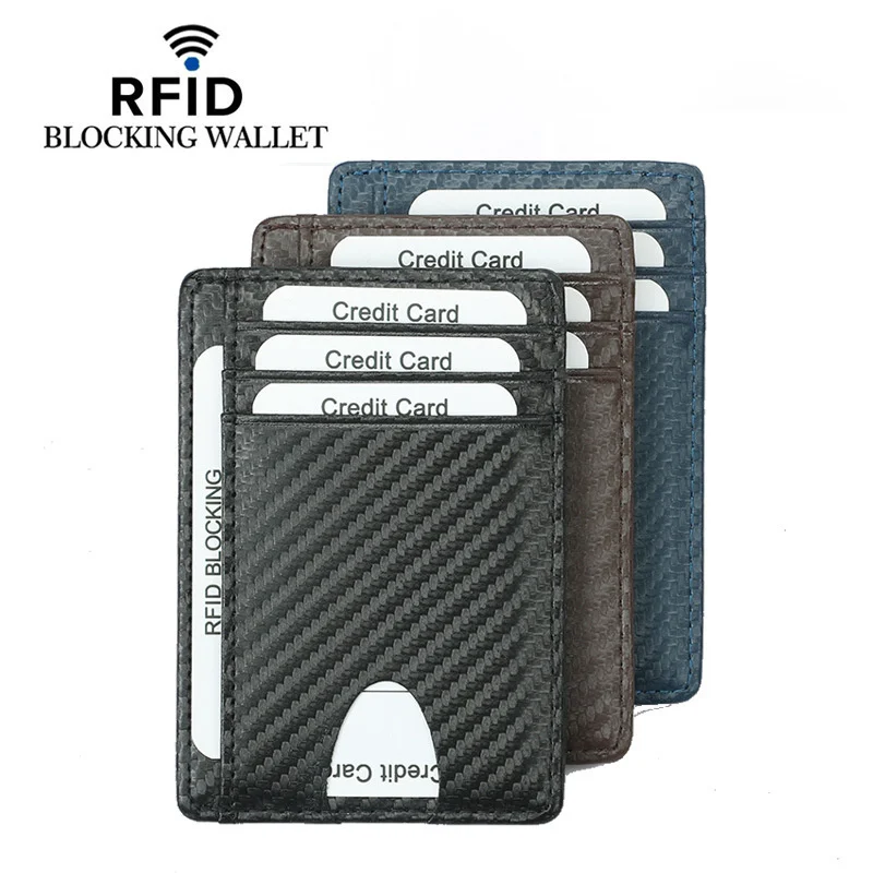 New Men's Top Layer Cow Leather Bag Ferrule Carbon Fiber RFID Multi Card Position Women's Small Clip Cardholder