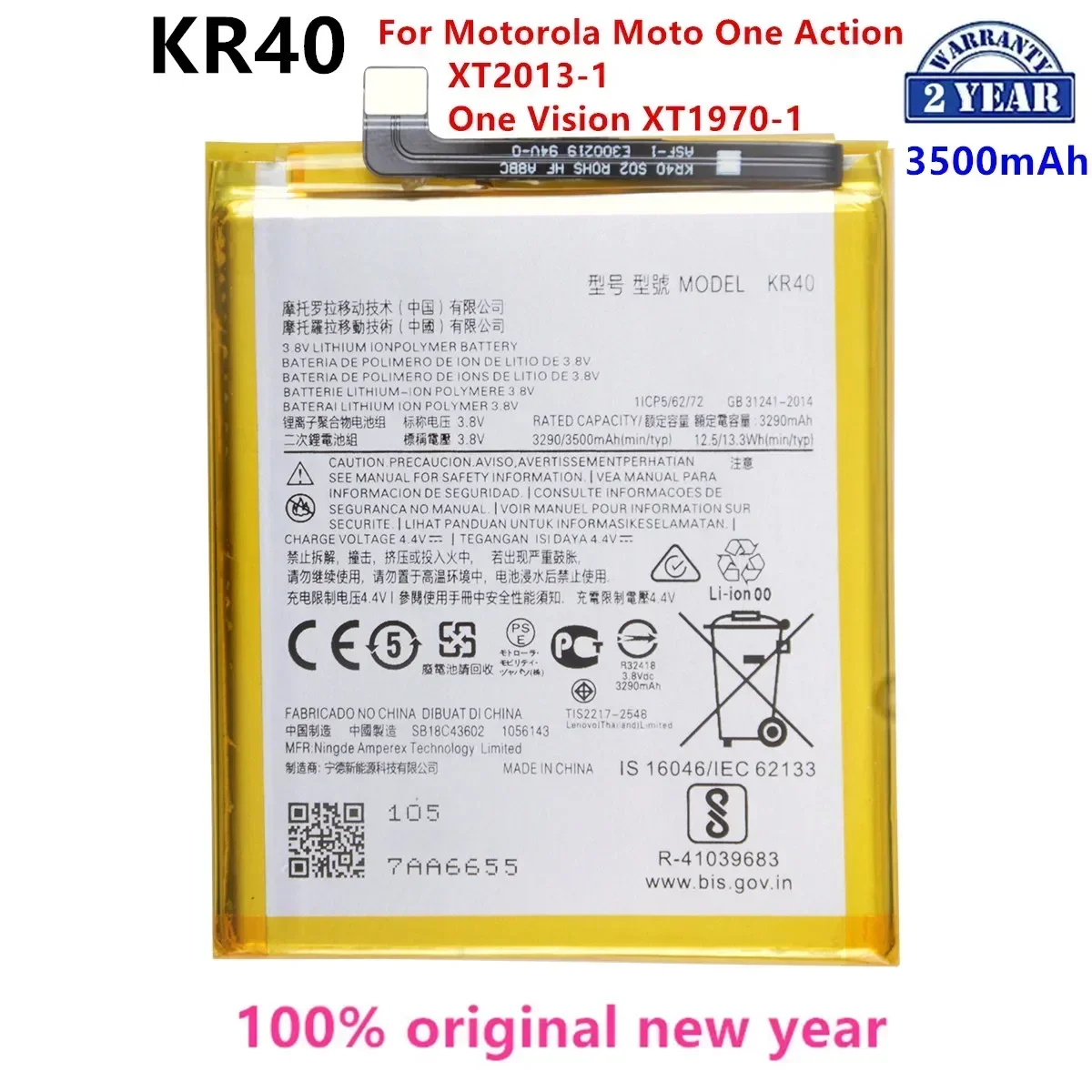 100% Original KR40 3500mAh Battery For Motorola Moto One Action XT2013-1 / One Vision XT1970-1 Phone Batteries