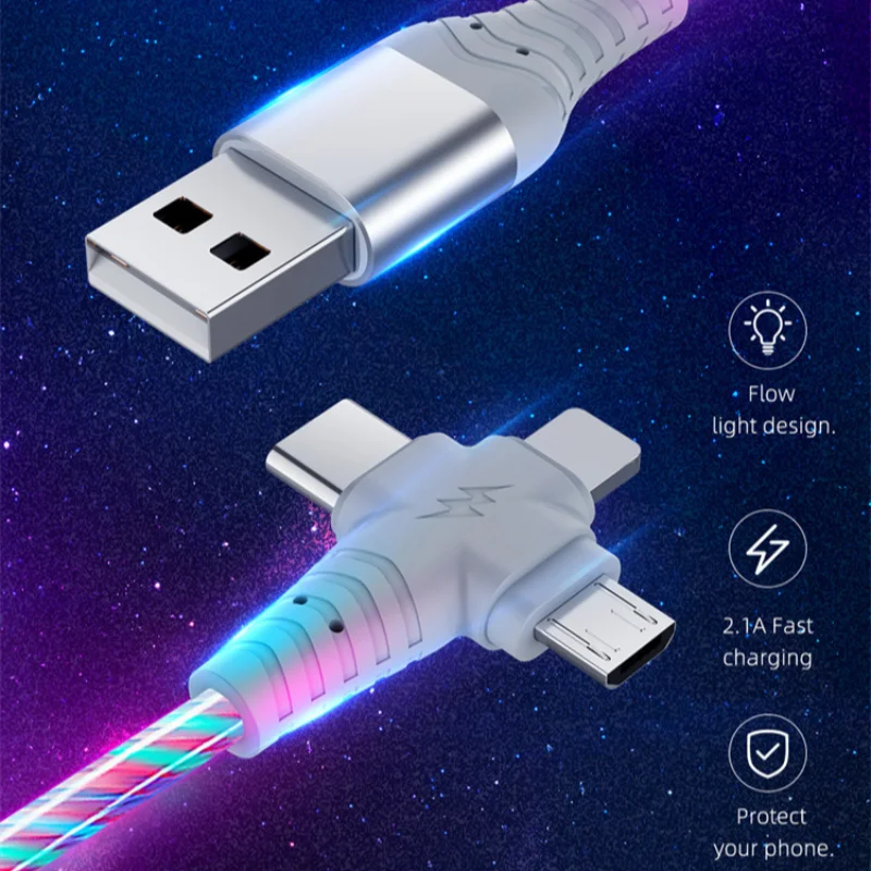 3 em 1 cabo de carregamento luminoso led brilho cabo usb compatível com tipo c micro usb relâmpago porta do telefone móvel carga rápida 2025