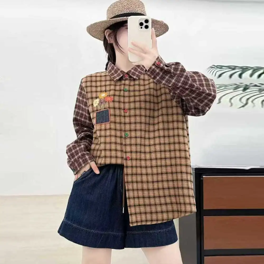 Japanese Mori Girl Vintage Plaid Embroidery Patchwork Cotton Shirts Women Autumn Turn Down Collar Long Sleeve Casual Blouse Tops