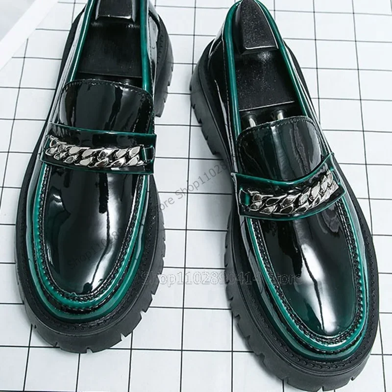 

Green Gradient Color Sewing Design Chain Decor Loafers Fashion Slip On Men Shoes Luxurious Handmade Party Office Men Dress Shoes