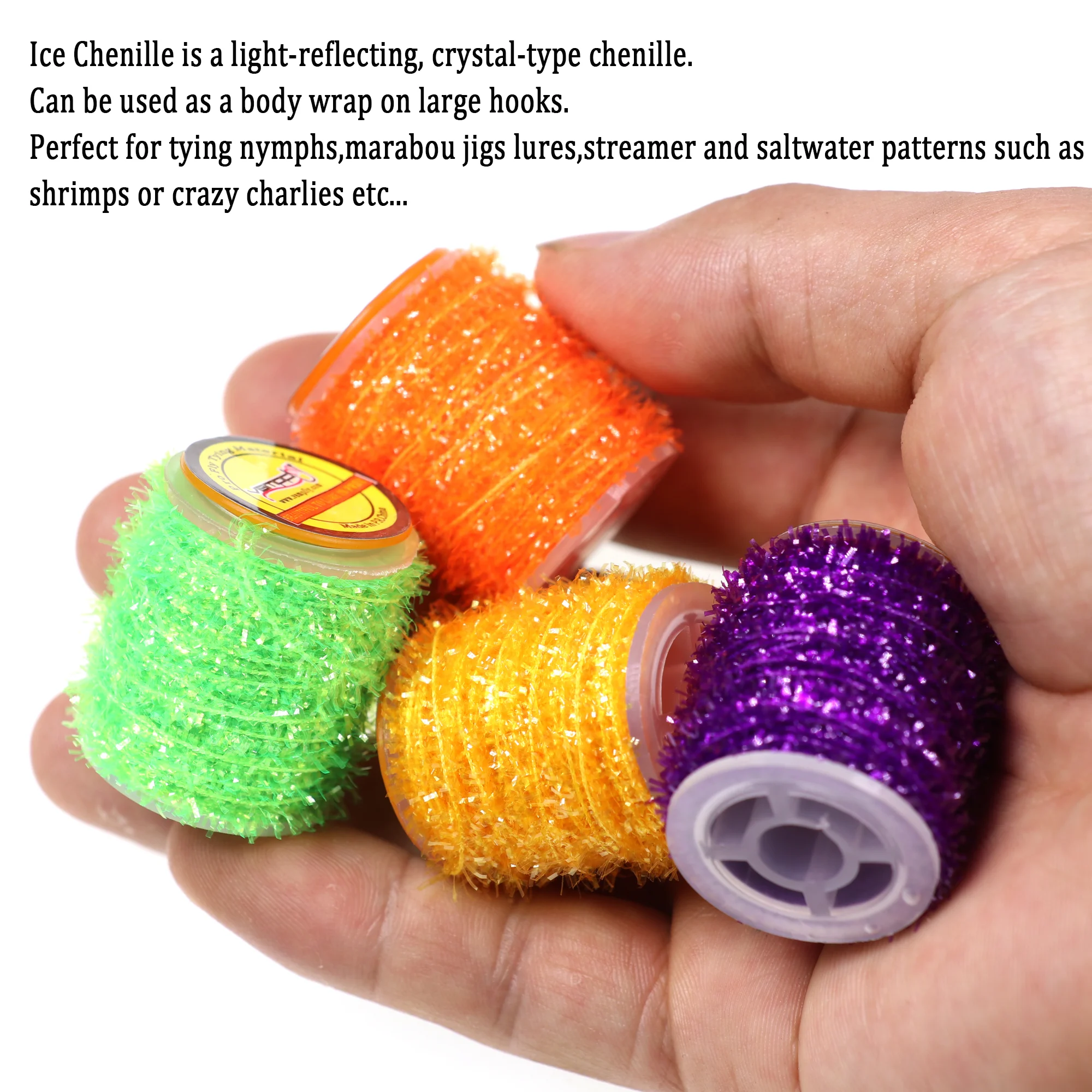 2 Spulen 10M Ice Chenille Crystal Flash Tinsel Fliegenbindematerial für Ice Jig Köder, Trocken-/Nassnymphen, Streamer Fliegen, Forellenangelköder – Detail 5
