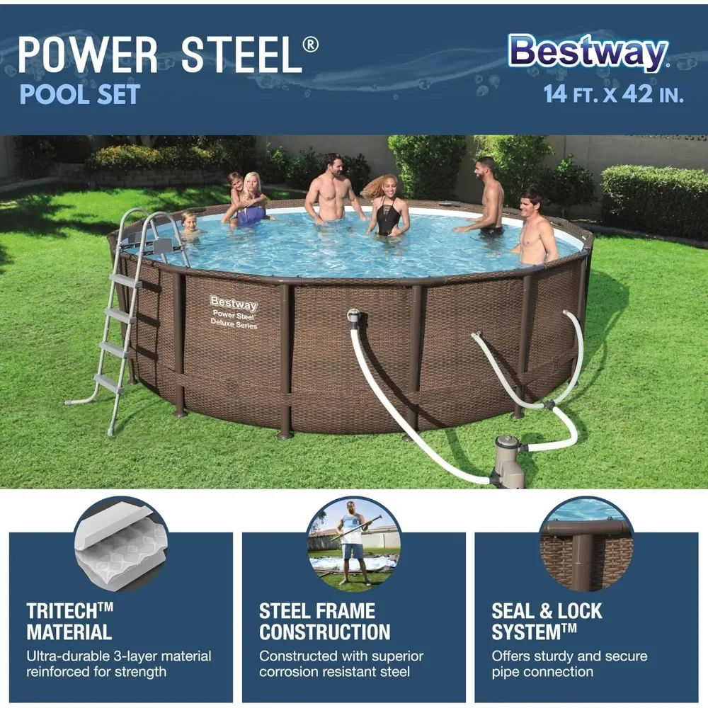 Imagem -02 - Rodada Acima do Solo Piscina Grupo Power Steel Exterior Quintal com 1000 Gph Filter Pump Escada Piscina Cover 14 x 42