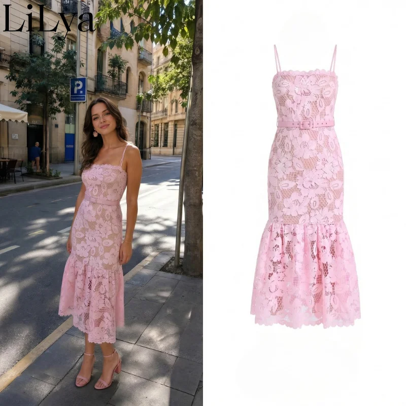 Elegant Luxury Spaghetti Strap High Waist Lace Dress Women Belt Design Ruffled Hem Chic Formal Party Banquet Evening Gown Dress