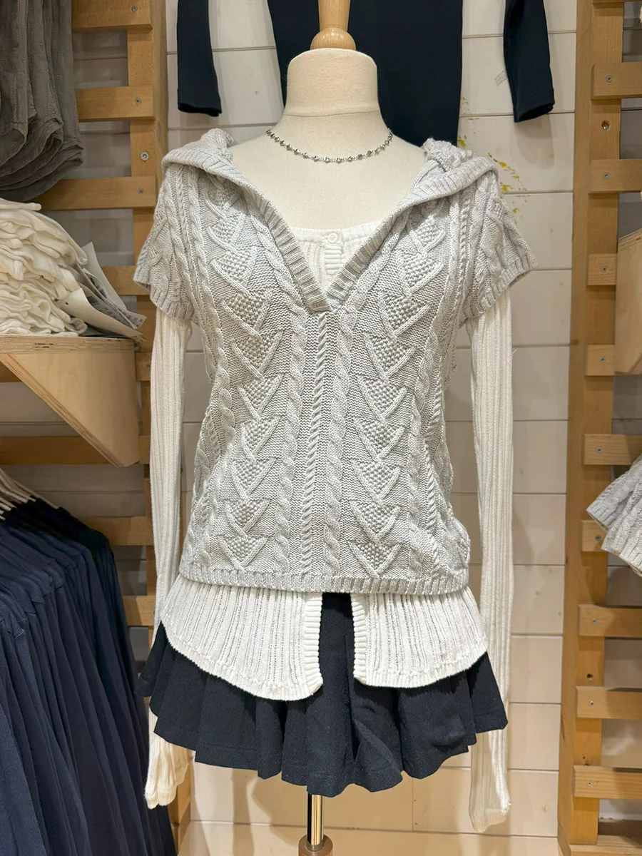 

Twisted Flower Short Sleeve Hooded Sweater Women Autumn Casual Simple V-neck Knitted Sweaters Sweet Cute Gray Jumper Tops Y2K