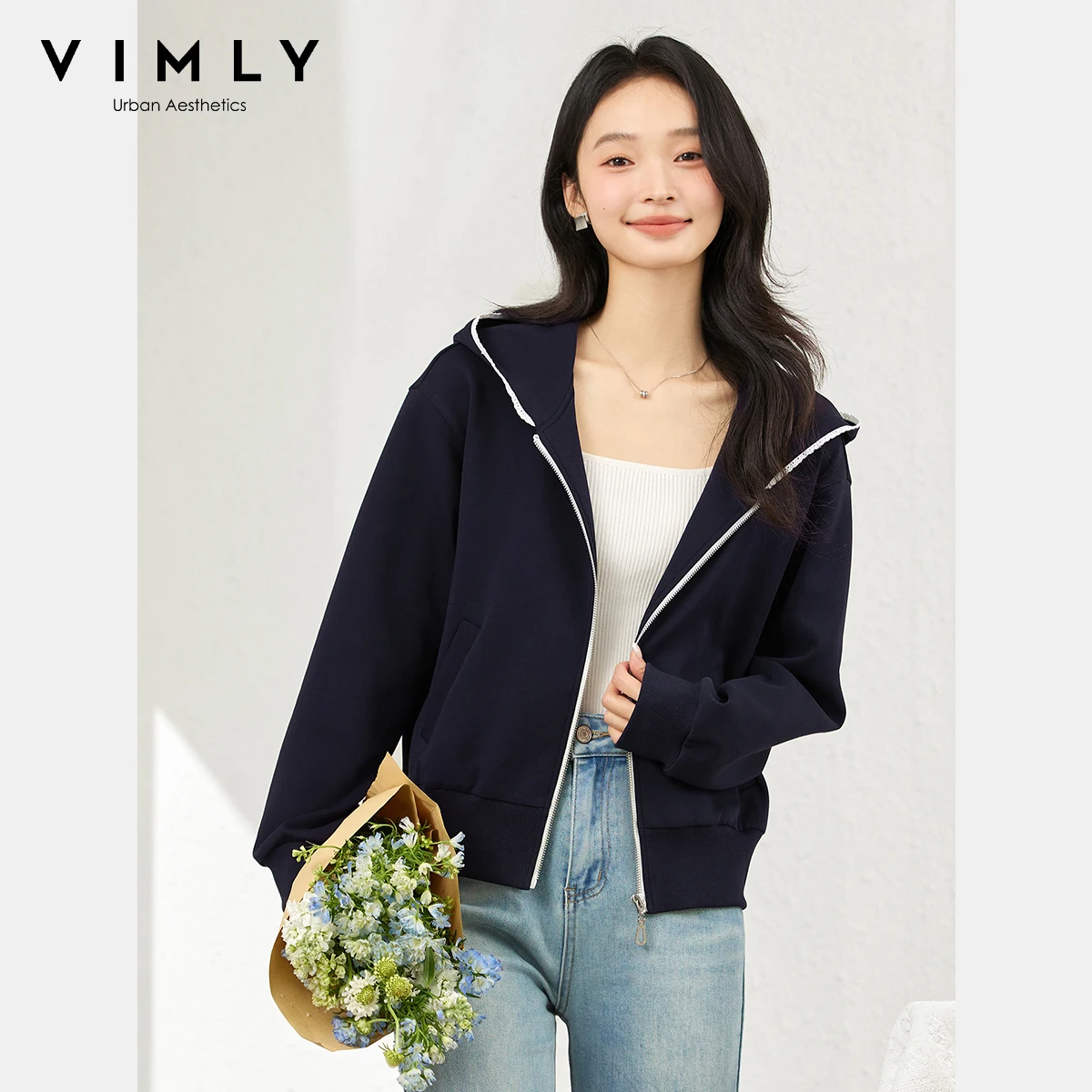 

VIMLY Элегантные женские куртки Осень 2025 Офисная одежда на молнии Темно-синяя кружевная короткая женская куртка с капюшоном и длинным рукавом Женский топ A2129