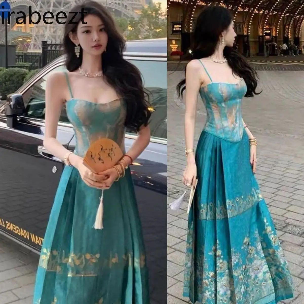 

National Style New Chinese Blue Fishbone Vest Halter Printed Horse Skirt Hanfu Two-piece Set Costume Deux Pieces Femme